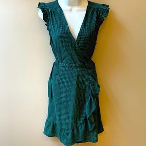 Monteau Green white polka dots faux wrap dress V-neck Size Small